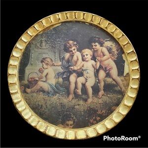 Vintage Sezzatini Made in Italy Hand Painted Round Florentine Tole Tray Cherubs